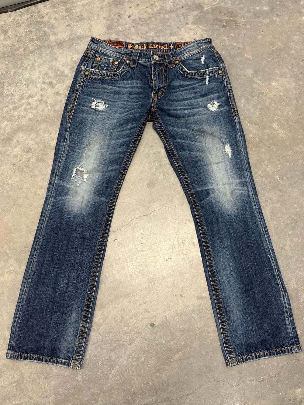 Rock Revival Anthony Straight Jeans Sz 34 Blue Distressed Bootcut